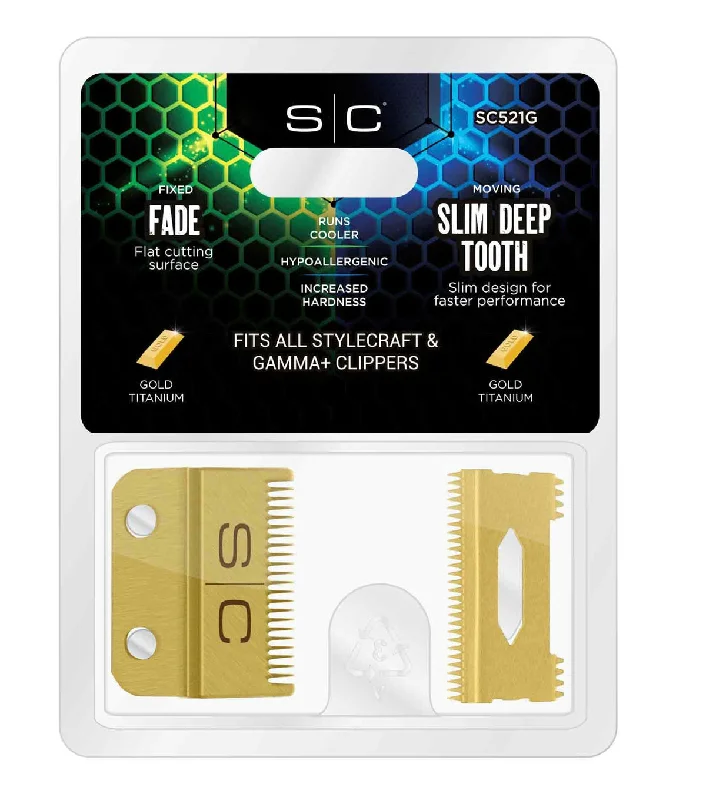 Stylecraft Gold Slim Deep Tooth Fixed Fade Clipper Blade with Gold Moving Slim Deep Tooth Blade